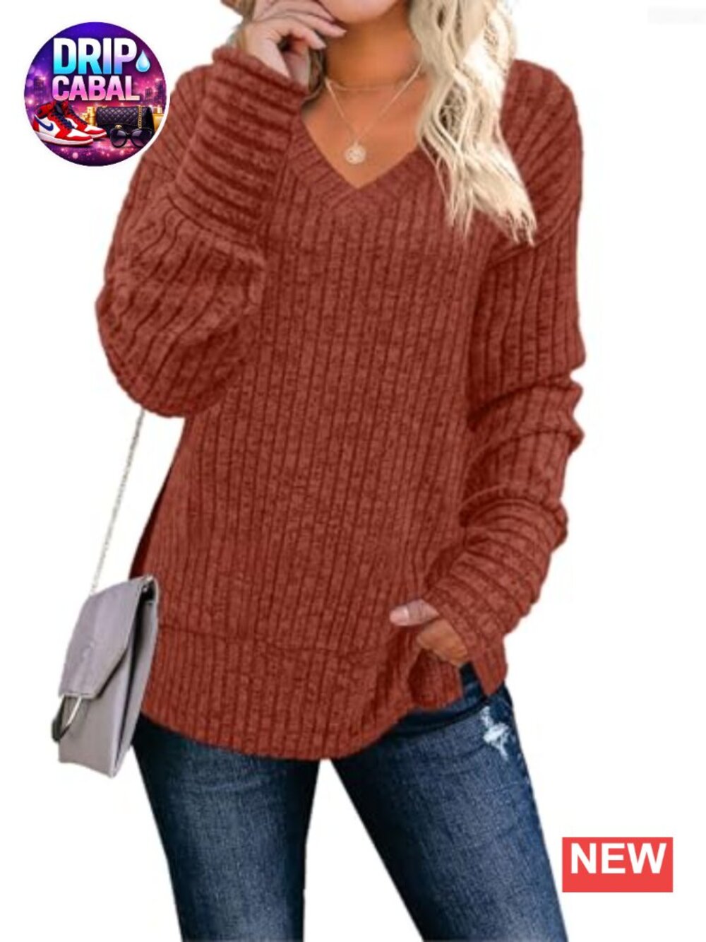 Women's V-Neck Loose Casual Long Sleeve Sweater Pullover